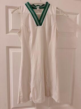 White Sleeveless V-Neck Active Tennis Dress with Preppy Green Trim